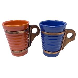 Bauer Pottery MCM Ring Ware Tumblers Set of Two Mugs Blue & Orange Wood